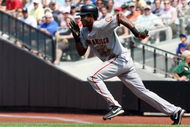 NEW YORK - AUGUST 16: Eugenio Velez #8 of the San Francisco Giants runs against the New York Mets on August 16, 2009 at Citi Field in the Flushing neighborhood of the Queens borough of New York City. (Photo by Jim McIsaac/Getty Images)