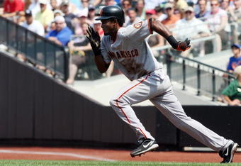 NEW YORK - AUGUST 16:  Eugenio Velez #8 of the San Francisco Giants runs against the New York Mets on August 16, 2009 at Citi Field in the Flushing neighborhood of the Queens borough of New York City.  (Photo by Jim McIsaac/Getty Images)