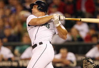 SEATTLE - AUGUST 12:  Mike Sweeney #5 of the Seattle Mariners bats during the game against the Chicago White Sox on August 12, 2009 at Safeco Field in Seattle, Washington. (Photo by Otto Greule Jr/Getty Images) 