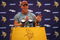 EDEN PRAIRIE, MN - AUGUST 18: Brett Favre talks with the media after his first practice with the Minnesota Vikings on August 18, 2009 at Winter Park in Eden Prairie, Minnesota.  (Photo by Scott A. Schneider/Getty Images)
