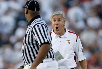 PASADENA, CA - JANUARY 01:  Head coach Pete Carroll of the USC Trojans reacts to a call during the 95th Rose Bowl Game presented by Citi against the Penn State Nittany Lions on January 1, 2009 at the Rose Bowl in Pasadena, California.  (Photo by Harry How/Getty Images)