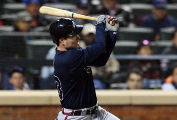 NEW YORK - MAY 11:  Matt Diaz #23 of the Atlanta Braves connects for a two run double in the seventh inning against the New York Mets on May 11, 2009 at Citi Field in the Flushing neighborhood of the Queens borough of New York City.  (Photo by Jim McIsaac/Getty Images)