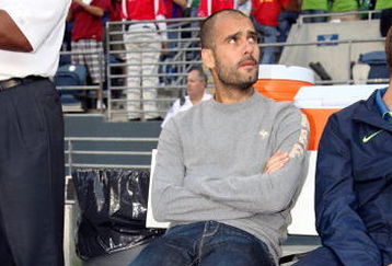 SEATTLE - AUGUST 5:  Manager Josep Guardiola of FC Barcelona looks on from the bench prior to their International Club Friendly against Seattle Sounders FC on August 5, 2009 at Qwest Field in Seattle, Washington. FC Barcelona defeated Seattle Sounders FC 4-0. (Photo by Otto Greule Jr/Getty Images) 