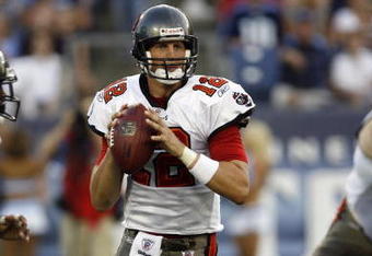 NASHVILLE, TN - AUGUST 15: Luke McCown #12 of the Tampa Bay Buccaneers looks to throw downfield against the Tennessee Titans during a preseason NFL game at LP Field on August 15, 2009 in Nashville, Tennessee. The Titans beat the Buccaneers 27-20. (Photo by Joe Murphy/Getty Images) 
