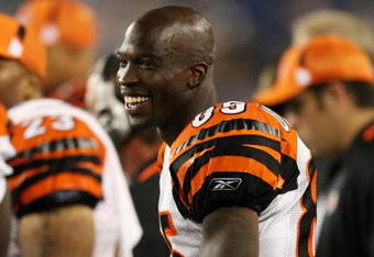 FOXBORO, MA - AUGUST 20:  Chad Ochocinco #85 of the Cincinnati Bengals laughs on the sideline against the New England Patriots during their preseason game at Gillette Stadium on August 20, 2009 in Foxboro, Massachusetts.  (Photo by Jim Rogash/Getty Images)