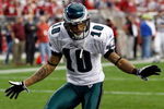 GLENDALE, AZ - JANUARY 18:  Wide receiver DeSean Jackson #10 of the Philadelphia Eagles celebrates after he catches a 62-yard touchdown against the Arizona Cardinals in the fourth quarter during the NFC championship game on January 18, 2009 at University of Phoenix Stadium in Glendale, Arizona.  (Photo by Jamie Squire/Getty Images)