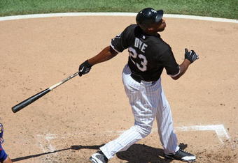 CHICAGO - JUNE 28: Jermaine Dye #23 of the Chicago White Sox follows through after hitting the ball against the Chicago Cubs on June 28, 2009 at U.S. Cellular Field in Chicago, Illinois. The White Sox defeated the Cubs 6-0. (Photo by Jonathan Daniel/Getty Images)