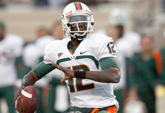 DURHAM, NC - OCTOBER 18: Quarterback  Jacory Harris #12 of the Miami Hurricanes looks to pass during the game against the Duke Blue Devils at Wallace Wade Stadium on October 18, 2008 in Durham, North Carolina.  (Photo by Kevin C. Cox/Getty Images)