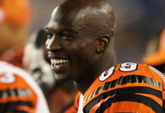 FOXBORO, MA - AUGUST 20:  Chad Ochocinco #85 of the Cincinnati Bengals laughs on the sideline against the New England Patriots during their preseason game at Gillette Stadium on August 20, 2009 in Foxboro, Massachusetts.  (Photo by Jim Rogash/Getty Images)