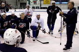 WOODRIDGE, IL - AUGUST 18:  Head coach Ron Wilson talks with players during the USA Olympic Men's Ice Hockey Orientation Camp on August 18, 2009 at Seven Bridges Ice Arena in Woodridge, Illinois.  (Photo by Jamie Squire/Getty Images)