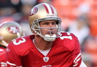 SAN FRANCISCO - AUGUST 14:  Quarterback Shaun Hill #13 of the San Francisco 49ers draws back in the pocket against the Denver Broncos during the preseason game on August 14, 2009 at Candlestick Park in San Francisco, California. (Photo by Jed Jacobsohn/Getty Images)