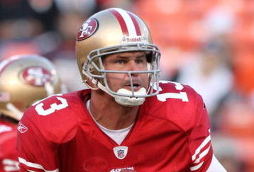 SAN FRANCISCO - AUGUST 14:  Quarterback Shaun Hill #13 of the San Francisco 49ers draws back in the pocket against the Denver Broncos during the preseason game on August 14, 2009 at Candlestick Park in San Francisco, California. (Photo by Jed Jacobsohn/Getty Images)