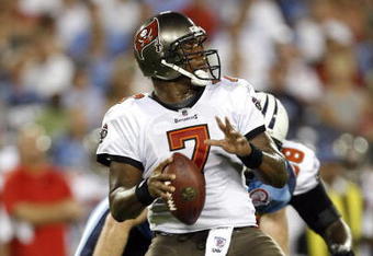 NASHVILLE, TN - AUGUST 15: Byron Leftwich #7 of the Tampa Bay Buccaneers looks to throw downfield against of the Tennessee Titans during a preseason NFL game at LP Field on August 15, 2009 in Nashville, Tennessee. (Photo by Joe Murphy/Getty Images)