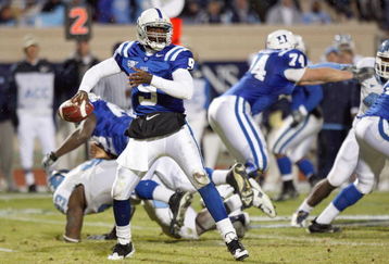DURHAM, NC - NOVEMBER 29: Quarterback Thaddeus Lewis #9 of the Duke Blue Devils looks to pass the ball during the game against the North Carolina Tar Heels at Wallace Wade Stadium on November 29, 2008 in Durham, North Carolina. (Photo by Kevin C. Cox/Getty Images)