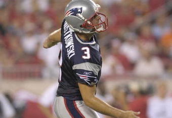 TAMPA, FL - AUGUST 10:  Kicker Stephen Gostkowski #3  of the New England Patriots follows through on a field goal attempt during a preseason game against the Tampa Bay Buccaneers at Raymond James Stadium on August 10, 2007 in Tampa, Florida. The Bucs won 13 - 10. (Photo by Al Messerschmidt/Getty Images)