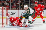 DETROIT - FEBRUARY 12:  Chris Osgood #30 of the Detroit Red Wings is beat by Mikko Koivu #9 of the Minnesota Wild as Mikael Samuelsson #37 of the Detroit Red Wings looks on during their NHL game at Joe Louis Arena February 12, 2009 in Detroit, Michigan.(Photo By Dave Sandford/Getty Images)