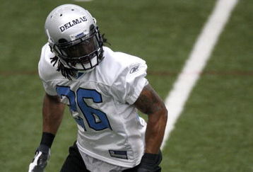 ALLEN PARK, MI - MAY 01:  Louis Delmas #26 of the Detroit Lions looks for a pass during rookie orientation camp at the Detroit Lions Headquarters and Training Facility on May 1, 2009 in Allen Park, Michigan.  (Photo by Gregory Shamus/Getty Images)