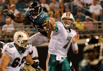 JACKSONVILLE, FL - AUGUST 16:  Quarterback Chad Henne #7 of the Miami Dolphins throws a pass in a game against the Jacksonville Jaguars at Jacksonville Municipal Stadium on August 16, 2008 in Jacksonville, Florida.  (Photo by Sam Greenwood/Getty Images)