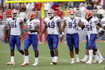 OXFORD, MS - SEPTEMBER 22: Derrick Harvey #91, Dustin Doe #32, Jermaine Cunningham #49, Javier Estopinan #93 and Brandon Spikes #51 of the Florida Gators get set on defense against the Mississippi Rebels on September 22, 2007 at Vaught-Hemingway Stadium/Hollingsworth Field in Oxford, Mississippi. Florida won  30-24. (Photo by Joe Murphy/Getty Images)
