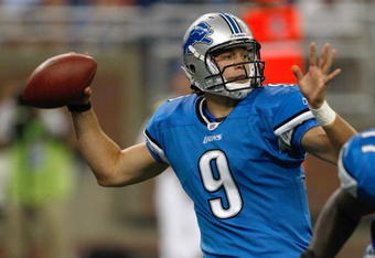 DETROIT, MI - AUGUST 15: Quarterback Matthew Stafford #9 of the Detroit Lions passes the football against the Atlanta Falcons at Ford Field on August 15, 2009 in Detroit, Michigan. The Lions defeated the Falcons 27-26. (Photo by Scott Boehm/Getty Images)