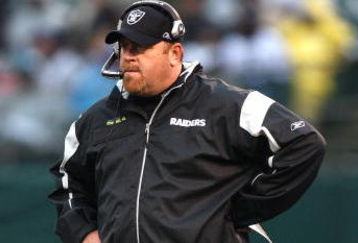 OAKLAND, CA - DECEMBER 21:  Head coach Tom Cable of the Oakland Raiders looks on against the Houston Texans during an NFL game on December 21, 2008 at the Oakland-Alameda County Coliseum in Oakland, California.  (Photo by Jed Jacobsohn/Getty Images)
