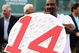 BOSTON - JULY 28:  Former Boston Red Sox outfielder Jim Rice shows off his retired number plaque during a ceremony before the Boston Red Sox game against the Oakland Athletics at Fenway Park July 28, 2009 in Boston, Massachusetts.  (Photo by Elsa/Getty Images)