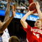 GREENSBORO, NC - MARCH 19:  Artsiom Parakhouski #45 of the Radford Highlanders shoots against Tyler Hansbrough #50 and Deon Thompson #21 the North Carolina Tar Heels during the first round of the NCAA Division I Men's Basketball Tournament at the Greensboro Coliseum on March 19, 2009 in Greensboro, North Carolina.  (Photo by Streeter Lecka/Getty Images)