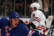 NEW YORK - OCTOBER 10: Brandon Dubinsky #17 of the New York Rangers celebrates his goal against the Chicago Blackhawks on October 10, 2008 at Madison Square Garden in New York City. The Rangers defeated the Blackhawks 4-2. (Photo by Jim McIsaac/Getty Images) 