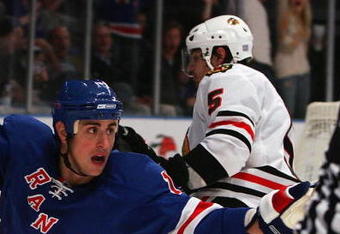 NEW YORK - OCTOBER 10: Brandon Dubinsky #17 of the New York Rangers celebrates his goal against the Chicago Blackhawks on October 10, 2008 at Madison Square Garden in New York City. The Rangers defeated the Blackhawks 4-2. (Photo by Jim McIsaac/Getty Images) 