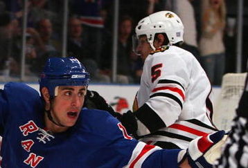 NEW YORK - OCTOBER 10: Brandon Dubinsky #17 of the New York Rangers celebrates his goal against the Chicago Blackhawks on October 10, 2008 at Madison Square Garden in New York City. The Rangers defeated the Blackhawks 4-2. (Photo by Jim McIsaac/Getty Images) 