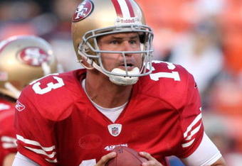 SAN FRANCISCO - AUGUST 14:  Quarterback Shaun Hill #13 of the San Francisco 49ers draws back in the pocket against the Denver Broncos during the preseason game on August 14, 2009 at Candlestick Park in San Francisco, California. (Photo by Jed Jacobsohn/Getty Images)