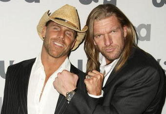 NEW YORK - MARCH 26: WWE wrestlers Shawn Michaels and Triple H attend the USA Network Upfront at The Modern on March 26, 2008 in New York City.  (Photo by Andrew Walker/Getty Images)