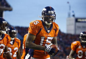 DENVER - DECEMBER 7: Wide reiver Brandon Marshall #15 of the Denver Broncos was all smiles after catching the game winning touchdown against the Kansas City Chiefs during the fourth quarter of week 14 NFL action at Invesco Field at Mile High on December 7, 2008 in Denver, Colorado. Denver beat Kansas City 24-17.(Photo by Marc Piscotty/Getty Images)