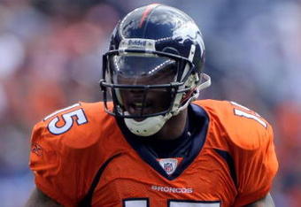 DENVER - SEPTEMBER 21:  Brandon Marshall #15 of the Denver Broncos heads to the line of scrimmage the New Orleans Saints during NFL action at Invesco Field at Mile High on September 21, 2008 in Denver, Colorado. The Broncos defeated the Saints 34-32.  (Photo by Doug Pensinger/Getty Images)
