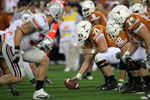 GLENDALE, AZ - JANUARY 05:  Center Chris Hall #71 of the Texas Longhorns hikes the ball during the Tostitos Fiesta Bowl Game against the Ohio State Buckeyes on January 5, 2009 at University of Phoenix Stadium in Glendale, Arizona.  (Photo by Doug Pensinger/Getty Images)