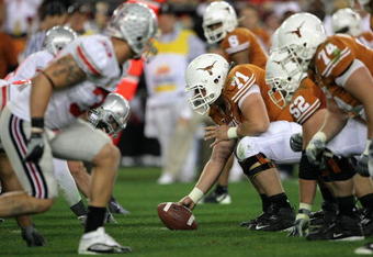 GLENDALE, AZ - JANUARY 05:  Center Chris Hall #71 of the Texas Longhorns hikes the ball during the Tostitos Fiesta Bowl Game against the Ohio State Buckeyes on January 5, 2009 at University of Phoenix Stadium in Glendale, Arizona.  (Photo by Doug Pensinger/Getty Images)