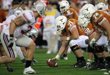 GLENDALE, AZ - JANUARY 05:  Center Chris Hall #71 of the Texas Longhorns hikes the ball during the Tostitos Fiesta Bowl Game against the Ohio State Buckeyes on January 5, 2009 at University of Phoenix Stadium in Glendale, Arizona.  (Photo by Doug Pensinger/Getty Images)
