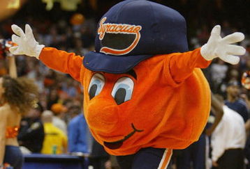 SYRACUSE, NY - JANUARY 24:  Otto the Orange, the Syracuse Orangemen mascot performs during the game against the Pittsburgh Panthers on January 24, 2004 at the Carrier Dome in Syracuse, New York. Pitt defeated the Orangeman 66-45. (Photo by Ezra Shaw/Getty Images)