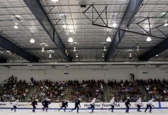 WOODRIDGE, IL - AUGUST 18:  Players skate during the USA Olympic Men's Ice Hockey Orientation Camp on August 18, 2009 at Seven Bridges Ice Arena in Woodridge, Illinois.  (Photo by Jamie Squire/Getty Images)