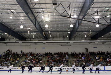 WOODRIDGE, IL - AUGUST 18:  Players skate during the USA Olympic Men's Ice Hockey Orientation Camp on August 18, 2009 at Seven Bridges Ice Arena in Woodridge, Illinois.  (Photo by Jamie Squire/Getty Images)