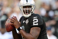 OAKLAND, CA - AUGUST 13: Quarterback JaMarcus Russell #2 of the Oakland Raiders passes the ball in the first quarter against the Dallas Cowboys during the preseason game at Oakland-Alameda County Coliseum on August 13, 2009 in Oakland, California. (Photo by Jed Jacobsohn/Getty Images)