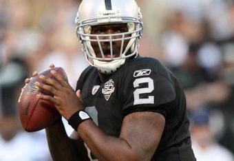 OAKLAND, CA - AUGUST 13: Quarterback JaMarcus Russell #2 of the Oakland Raiders passes the ball in the first quarter against the Dallas Cowboys during the preseason game at Oakland-Alameda County Coliseum on August 13, 2009 in Oakland, California. (Photo by Jed Jacobsohn/Getty Images)