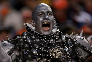 DENVER - NOVEMBER 23:  A member of Raider Nation shows his support of the Oakland Raiders as they faced the Denver Broncos during week 12 NFL action at Invesco Field at Mile High on November 23, 2008 in Denver, Colorado. The Raiders defeated the Broncos 31-10.  (Photo by Doug Pensinger/Getty Images)