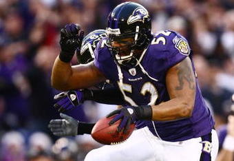 BALTIMORE - DECEMBER 28: Ray Lewis #52 of the Baltimore Ravens celebrates recovering the ball against the Jacksonville Jaguars during the game on December 28, 2008 at M&T Bank Stadium in Baltimore, Maryland.  (Photo by Chris McGrath/Getty Images)