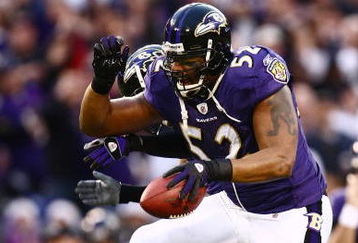 BALTIMORE - DECEMBER 28: Ray Lewis #52 of the Baltimore Ravens celebrates recovering the ball against the Jacksonville Jaguars during the game on December 28, 2008 at M&T Bank Stadium in Baltimore, Maryland.  (Photo by Chris McGrath/Getty Images)