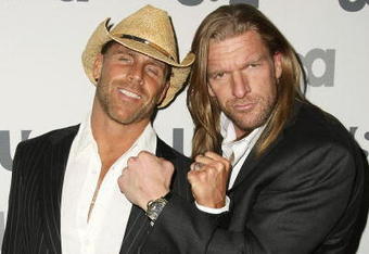 NEW YORK - MARCH 26: WWE wrestlers Shawn Michaels and Triple H attend the USA Network Upfront at The Modern on March 26, 2008 in New York City.  (Photo by Andrew Walker/Getty Images)