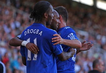 LONDON, ENGLAND - AUGUST 23:  Nicolas Anelka of Chelsea celebrates with teammate Didier Drogba after scoring the second goal during the Barclays Premier League match between Fulham and Chelsea at Craven Cottage on August 23, 2009 in London, England.  (Photo by Jamie McDonald/Getty Images)