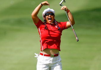 SUGAR GROVE, IL - AUGUST 23:  Christina Kim of the U.S. Team celebrates winning the 14th hole during the Sunday singles matches at the 2009 Solheim Cup at Rich Harvest Farms on August 23, 2009 in Sugar Grove, Illinois.  (Photo by Scott Halleran/Getty Images)