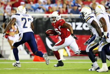 GLENDALE, AZ - AUGUST 22:  Running back LaRod Stephens-Howling #36 of the Arizona Cardinals carries the ball for a 3 yard gain in the third quarter during the game against  the San Diego Chargers at the University of Phoenix Stadium on August 22, 2009 in Glendale, Arizona. (Photo by Christian Petersen/Getty Images)