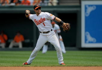 BALTIMORE - JULY 30:  Second baseman Brian Roberts #1 of the Baltimore Orioles throws out a runnner as he plays defense against the Kansas City Royals during MLB action at Oriole Park at Camden Yards on July 30, 2009 in Baltimore, Maryland. The Orioles defeated the Royals 7-3.  (Photo by Doug Pensinger/Getty Images)